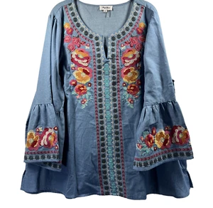 Angel Heart Boutique Womens Embroidered Tunic Top Size 2X Blue Embroidered Boho - Picture 1 of 9