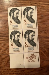 Block of 4 U.S. Stamps: Sidney Lanier, American Poet - Picture 1 of 1