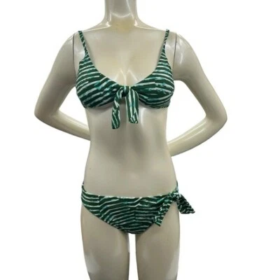 Aerie American Eagle M Side Tie Bikini Green Mod Stripe Print Real Good Swim - Image 1 of 4