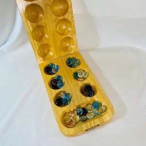 Solid Wood Mancala Board and Glass Gem Set - Picture 1 of 4