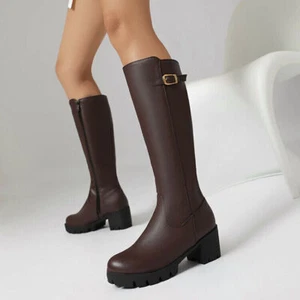 Damen Kniehohe Stiefel Damen Plateau Blockabsatz Winter Biker Lange Schuhe Größe - Bild 1 von 17