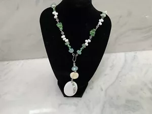 Handmade Artisan Sterling Silver Shell Sea Sand Dollar Green Glass Fish Pendant - Picture 1 of 10