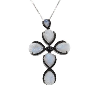 Womens Moonstone, Black Spinel Cross Pendant, Sterling Silver Necklace, New - Image 1 of 4