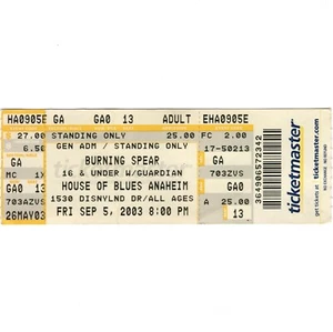 Biglietto concerto BURNING SPEAR Stub ANAHEIM CA 9/5/03 HOUSE OF BLUES REGGAE raro - Foto 1 di 2
