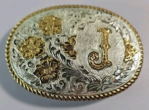Vintage Crumrine Western Bronze Gürtelschnalle Silber Goldfarben Initiale J Gravur - Bild 1 von 4