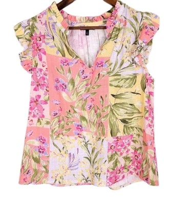 Camiseta sin mangas Drew rosa verde amarillo floral manga corta cuello en V algodón talla mediana Foto 1 de 4