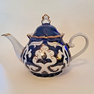 Uzbek Porcelain Tea Pot – Handcrafted Cobalt Blue & Gold Cotton Pattern – Teapot - Picture 1 of 17