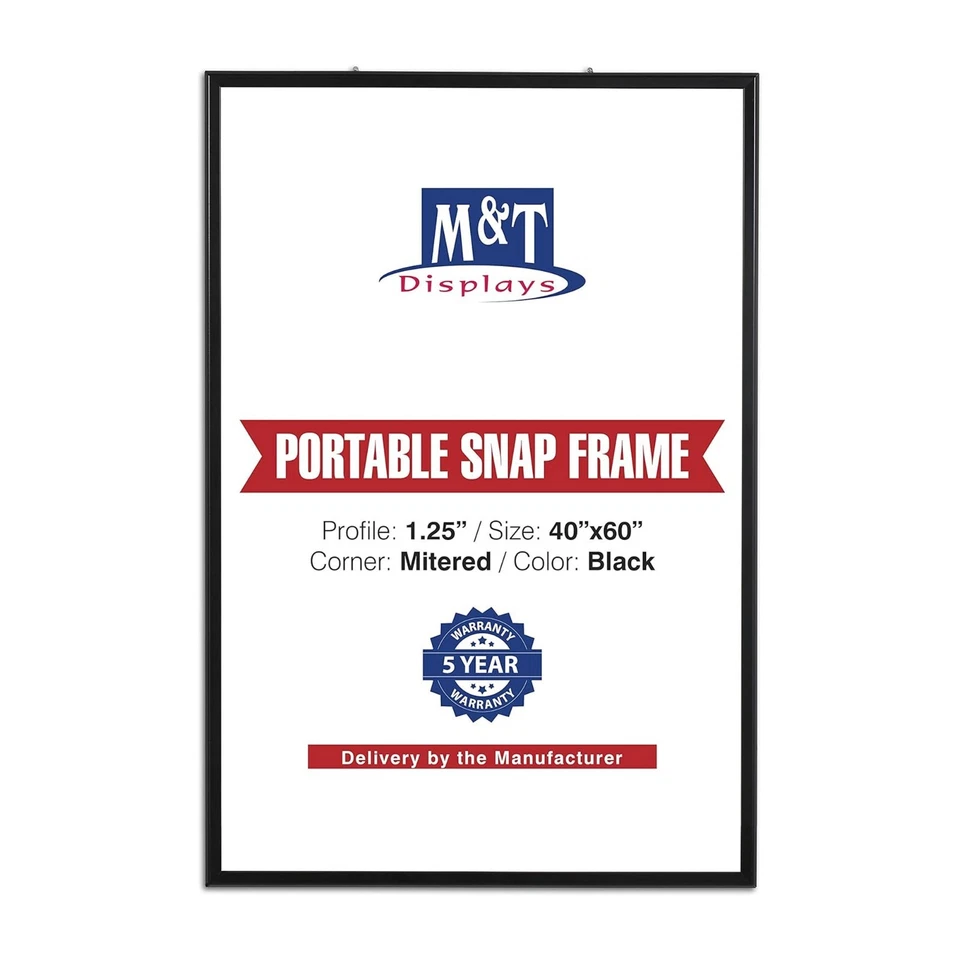 Portable Snap Poster Frame 1.25" Aluminum Front Loading Wall Mount 40x60 Black - Image 1 of 4