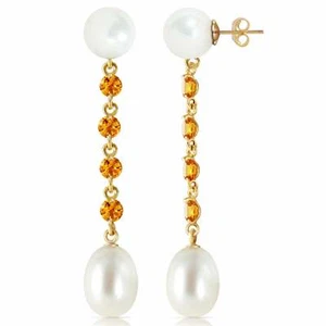 11 Carat 14K Solid Yellow Gold Chandelier Natural Citrine & Pearl Earrings - Picture 1 of 3