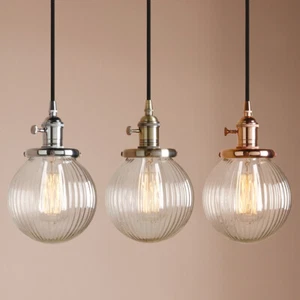 RETRO INDUSTRIAL CLEAR GLASS STRIPED SHADE LAMP CEILING PENDANT LIGHT FIXTURE - Picture 1 of 23