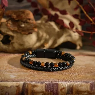 Pulsera curativa de cuero con cuentas de obsidiana de ónix ojo de tigre de triple protección para hombre Foto 1 de 4