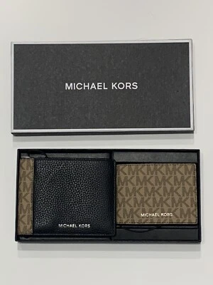 MICHAEL KORS Men's Billfold Wallet Credit Card ID Gift Set Box Black/Camel $228 - Image 1 of 4