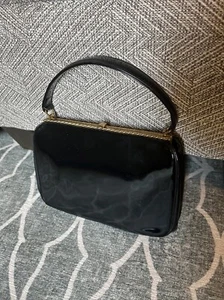 Vintage MM Black Patent Leather Gold Handbag 1950s 60s Morris Moskowitz - Picture 1 of 4