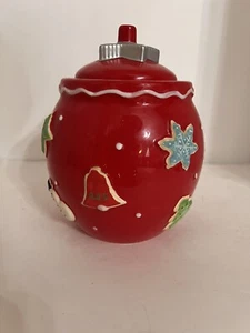 Hallmark Christmas Ornament Shaped Decorated Cookie Jar W/ Lid Red Ceramic EUC - Picture 1 of 6