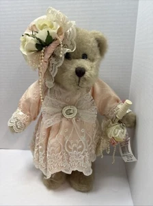 VTG Beautiful Umbrella Teddy Bear- Pink Lace Dress, Roses Hat , Iimitation Pearl - Picture 1 of 4