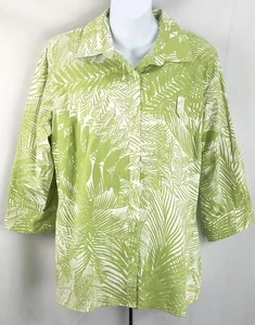 Jaclyn Smith Linen Top L Green Floral Tropical 3/4RollTab Sleeves Hawaiian 2000s - Picture 1 of 6