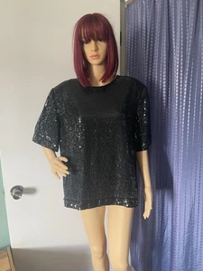 Neu mit Etikett Vintage Seide XL-1X formell Pailletten durchsichtig schwarz Top Bluse Indien - Bild 1 von 8
