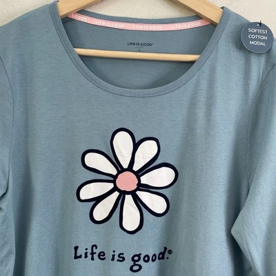NUEVA Camisa Top Life Is Good Para Mujer Grande Azul Gráfico Margarita Manga Larga para Dormir Foto 1 de 4