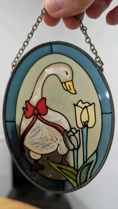 Vintage Faux Stained Glass Suncatcher Red Bow White Goose Shows Wear - Picture 1 of 8