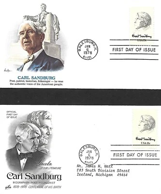 USA 1978 TWO DIFFERENT FIRST DAY COVERS, CARL SANDBURG + CACHET - Image 1 of 2