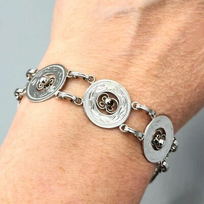 Brazalete vintage Van Dell placa de rodio plata esterlina círculo disco eslabón 7" 14 g Foto 1 de 4