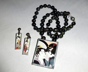 Collar de cuentas de jaspe y pendientes de jaspe artesano japonés con imágenes de geishas - Imagen 1 de 7