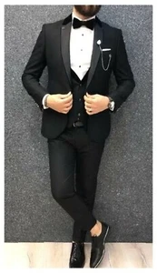 Traje de Esmoquin para Hombres 3 Piezas Traje Calce Ajustado Boda Noche Fiesta Cena Abrigo Negro Pantalones - Imagen 1 de 6