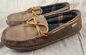 LL Bean Handsewn 212164 Leather Flannel Lined Moccasin Slippers Brown Mens Sz 10 - Picture 1 of 9
