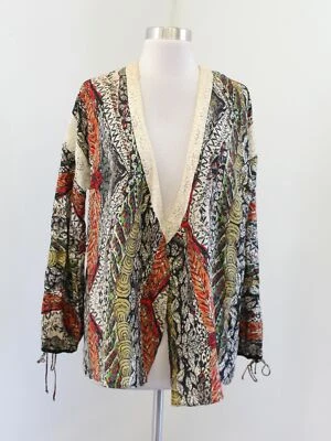 La Rok Printed Abstract Lace Trim Silk Kimono Open Front Size XS / S Tribal Boho - Image 1 of 4
