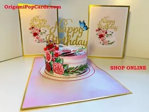 Origami Pop Cards LUXURY GOLD Happy Birthday Cake with Blue Butterflies Pop Card - Picture 1 of 12
