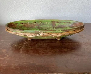 Dish Trinket Bowl Rustic catch all Green Oval Footed Twigs Signed Art Pottery - Picture 1 of 11