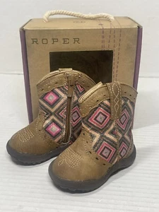 Stivali da cowboy Roper Cowbabies glitter Geo Tan 0-3 mesi taglia 1 zip NUOVI cowgirl - Foto 1 di 11