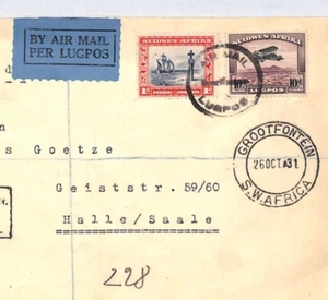 SWA Air Mail Cover Grootfontein Registered GERMANY Halle/Saale 1931 YJ176 - Picture 1 of 12