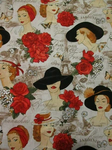 FRENCH LADIES IN RED ROSES PARIS EIFFEL TOWER COTTON FABRIC FQ - Picture 1 of 6