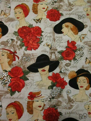 OUT OF PRINT FRENCH LADIES IN RED ROSES PARIS EIFFEL TOWER COTTON FABRIC FQ