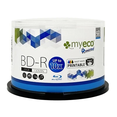 100 Myeco 10X BD-R 25GB Blu-ray White Inkjet Hub Printable Blank Recordable Disc - Image 1 of 2