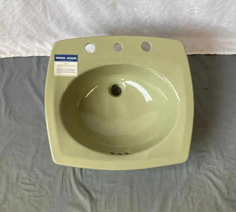 Vtg Avocado Green 21x19 Self Rimming Drop In Sink NOS Kohler Lavatory 344-23E Cover