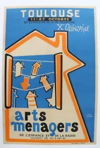 AFFICHE ANCIENNE 1950 TOULOUSE Xe Quinzaine ARTS MENAGERS ENFANCE & RADIO orange - Bild 1 von 4