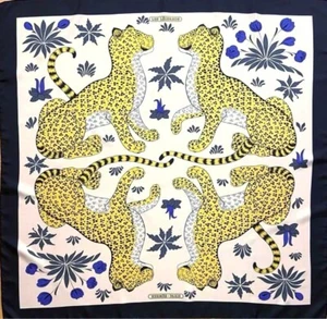Hermes Shawl Scarf Les Leopards Stole Animal Floral Natural Blue Auth 90 w/Box - Picture 1 of 10