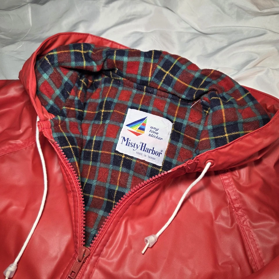 Impermeable Vintage Misty Harbor Franela a Cuadros Forrado Rojo Slicker Con Capucha Talla L Foto 1 de 4