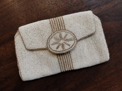 Vintage French Beaded Clutch  Hand Made Floral Cream And Beige  - Image 1 of 4