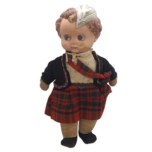 Vintage Scottish Doll 14cm – Red Tartan Outfit, Cloth Body, Composition Head - Picture 1 of 24