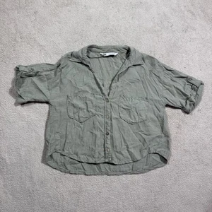 Zara Top Womens Extra Small Green Button-Up Open Collar Short Sleeve Linen Blend - Picture 1 of 13