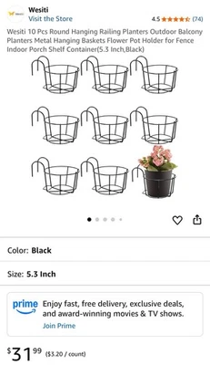 10 Pcs Round Hanging Railing Planters Outdoor Balcony Planters Metal Hanging Bas - Image 1 of 4