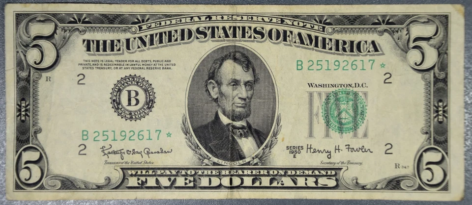 1950-E $5 FEDERAL RESERVE NOTE Boston ⭐Star Note⭐ Fr# 1966-B* Grade:  F A5640 - Image 1 of 2