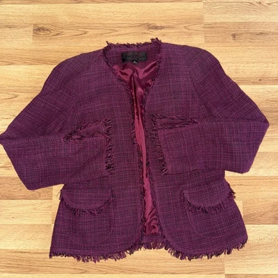 Chaqueta Blazer De Colección Anne Klein Fucsia Flecos Para Mujer Frente Abierto Tweed Talla 6P Foto 1 de 4