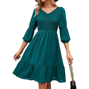 Vestido para mujer verde manga linterna 3/4 cuello en V fluido volantes calado talla M Nuevo con etiquetas - Imagen 1 de 12