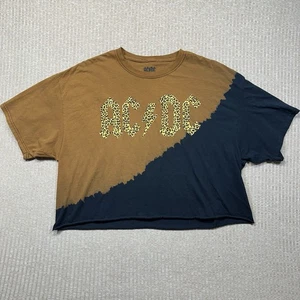 AC/DC Leopard Print Cropped T-Shirt Split Black Orange Size XL Graphic Tee Rock - Picture 1 of 6