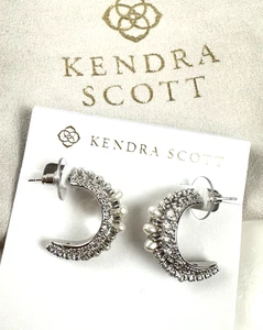 Kendra Scott Rhod White Pearl (2mm) & Crystal Pavé Small Half Hoop Earrings New - Picture 1 of 9