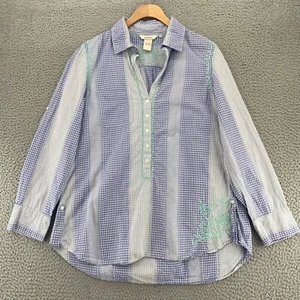 Sundance Top Women Medium Blue Check Mixed Embroidered Button Collar Long Sleeve - Picture 1 of 11